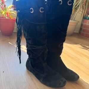 Black Over the Knee Boots with Fringe and Eyelets